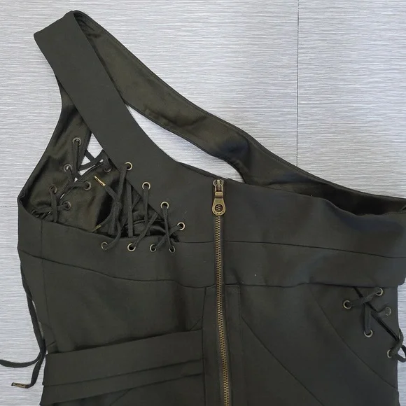 L.A.M.B. Gwen Stefani One Shoulder Mini Dress Military Olive Silk Lined Sz 10 - Picture 3 of 13